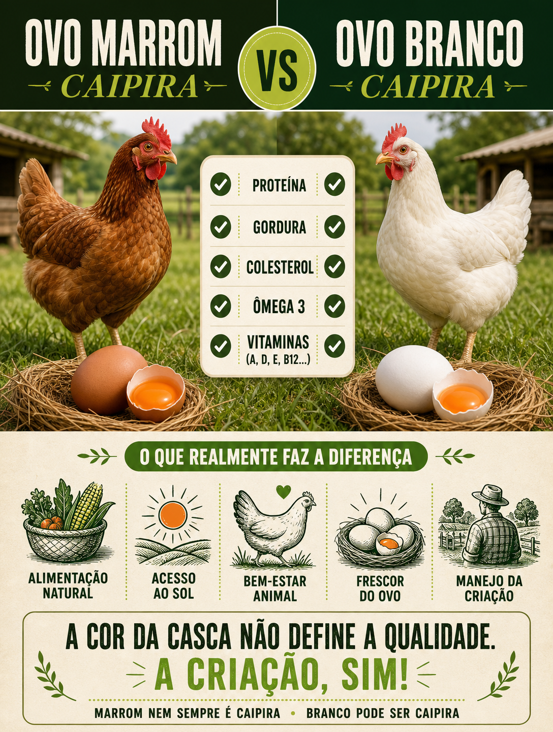 Comparativo entre ovo marrom caipira e ovo branco caipira: proteína, gordura, colesterol, ômega 3 e vitaminas iguais nos dois