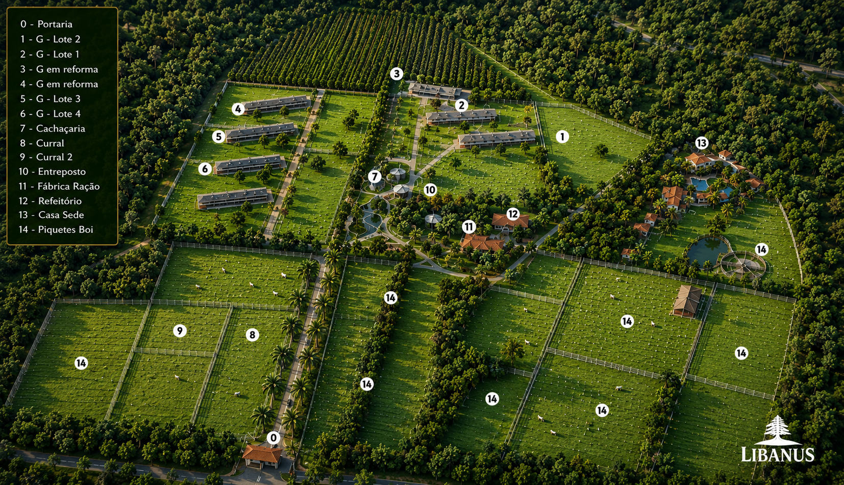 Mapa aéreo da Fazenda Libanus mostrando galpões, currais, cachaçaria, entreposto, fábrica de ração, refeitório, casa sede e piquetes