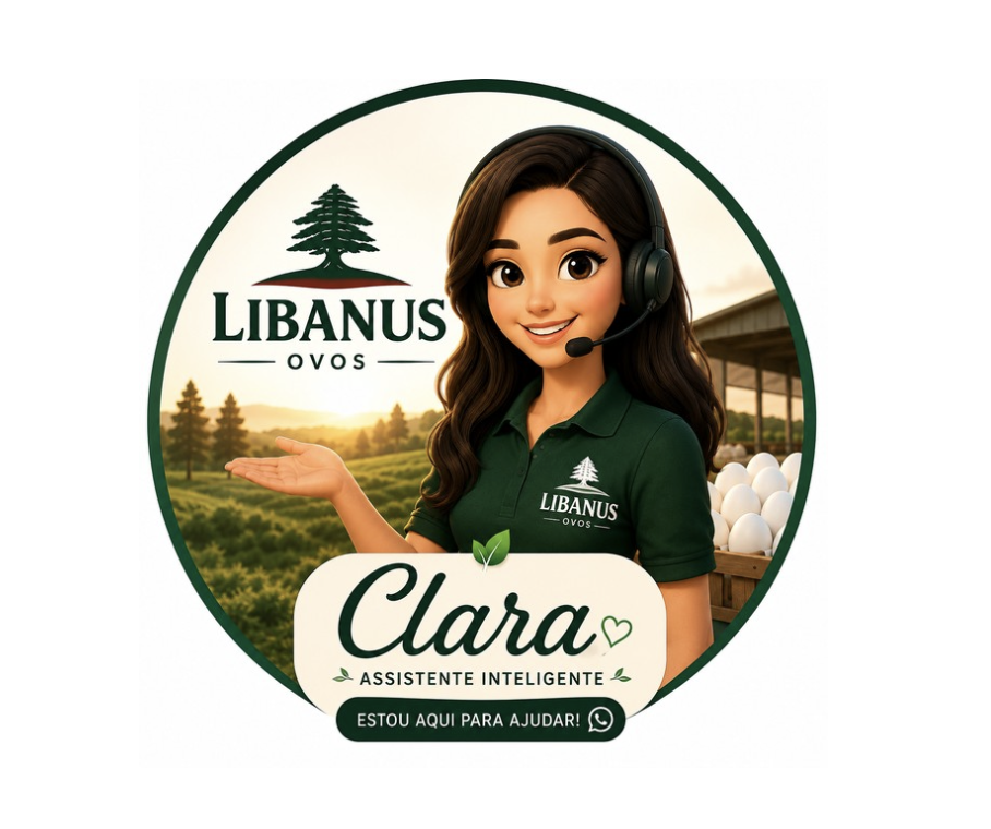 Clara — assistente inteligente da Libanus com fone de ouvido, sorrindo, ao lado do logotipo Libanus Ovos