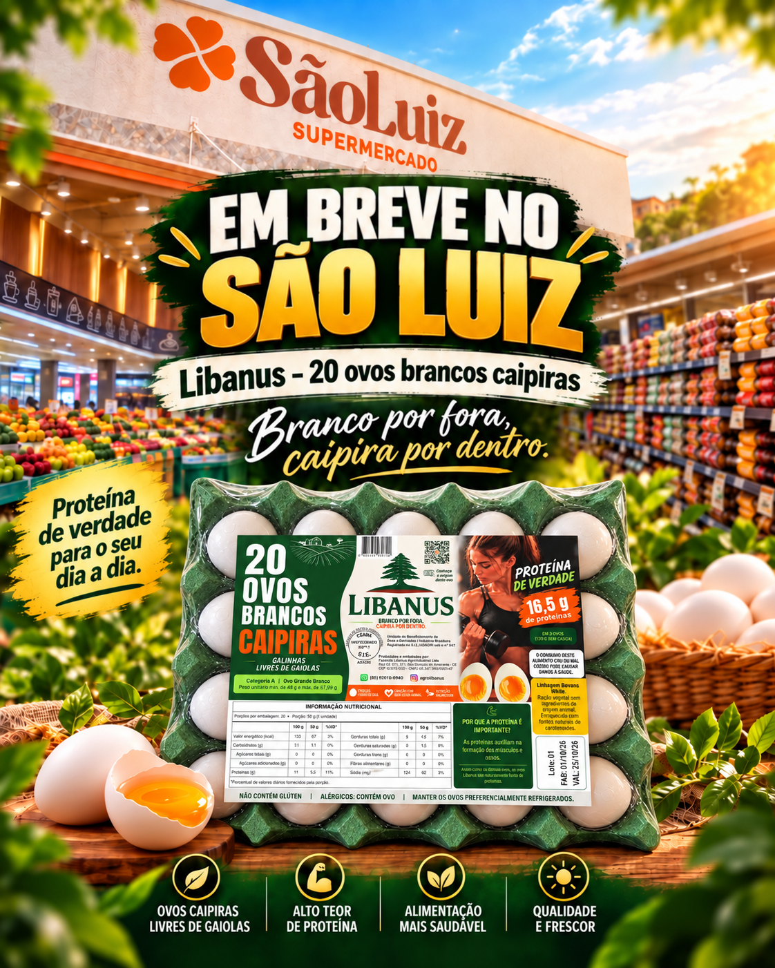 Cartaz Libanus: em breve no São Luiz, bandeja de 20 ovos brancos caipiras